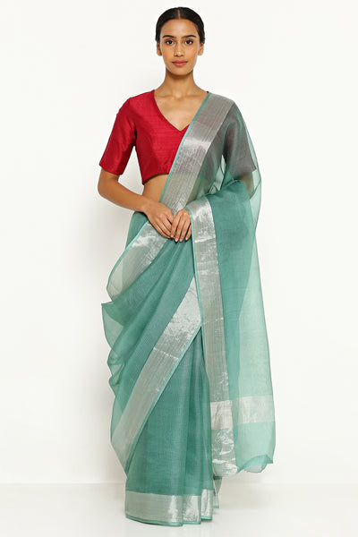 Via East turquoise green pure silk kota saree with silver zari border